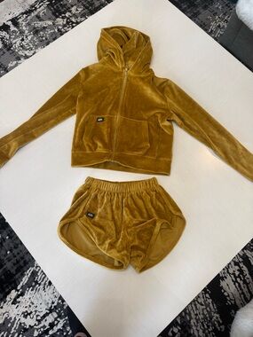 Velvet Zip Hoodie and Elastic Waist Shorts - Mustard
